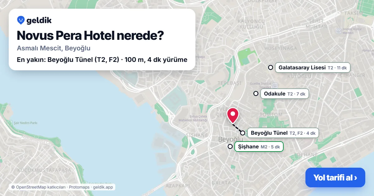 Where is Novus Pera Hotel: map with its location and the nearest stops, with walking times