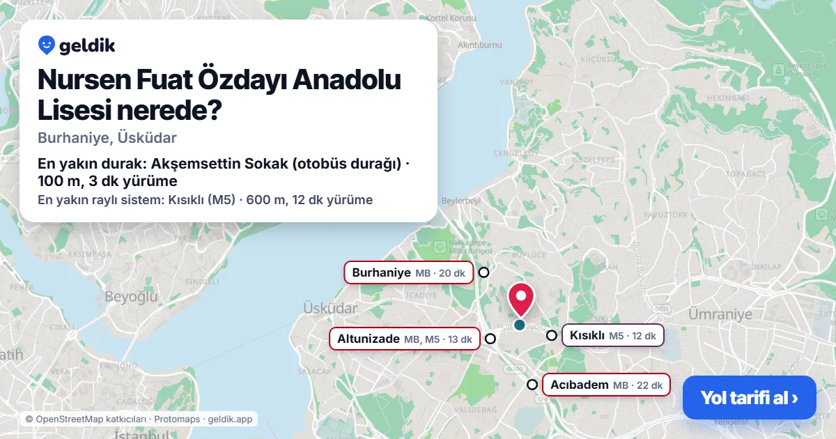 Nursen Fuat Özdayı Anadolu Lisesi nerede: haritada konumu ve en yakın duraklar, yürüme süreleriyle