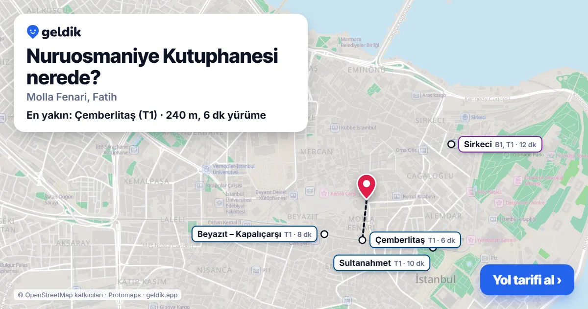 Where is Nuruosmaniye Kutuphanesi: map with its location and the nearest stops, with walking times