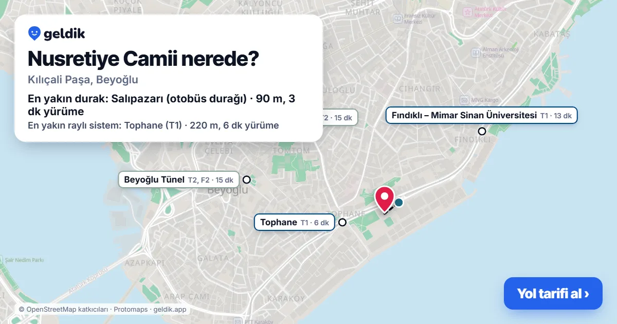 Where is Nusretiye Camii: map with its location and the nearest stops, with walking times
