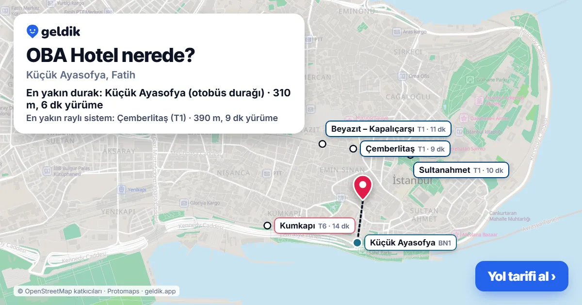 Where is OBA Hotel: map with its location and the nearest stops, with walking times