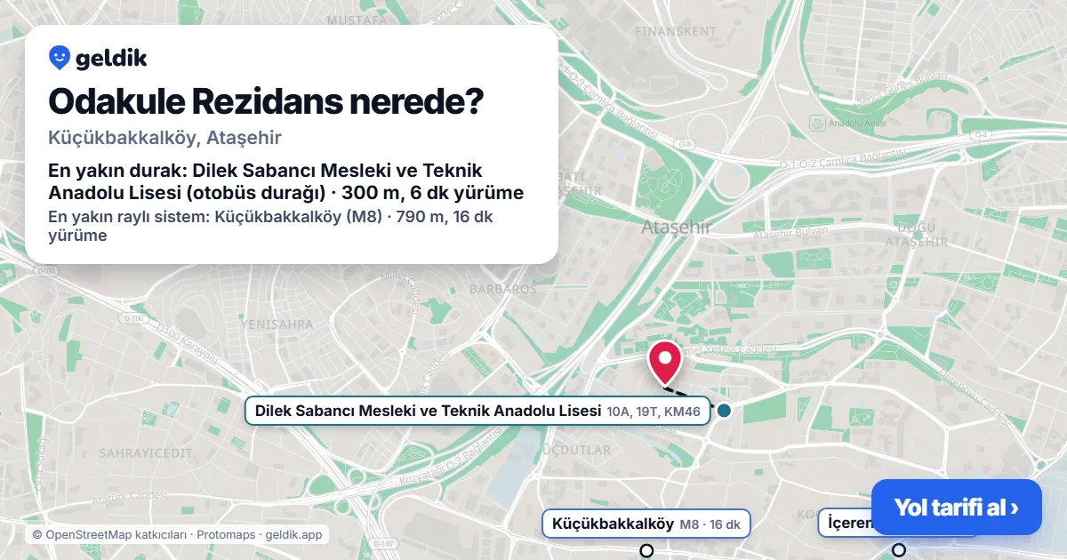 Odakule Rezidans nerede: haritada konumu ve en yakın duraklar, yürüme süreleriyle