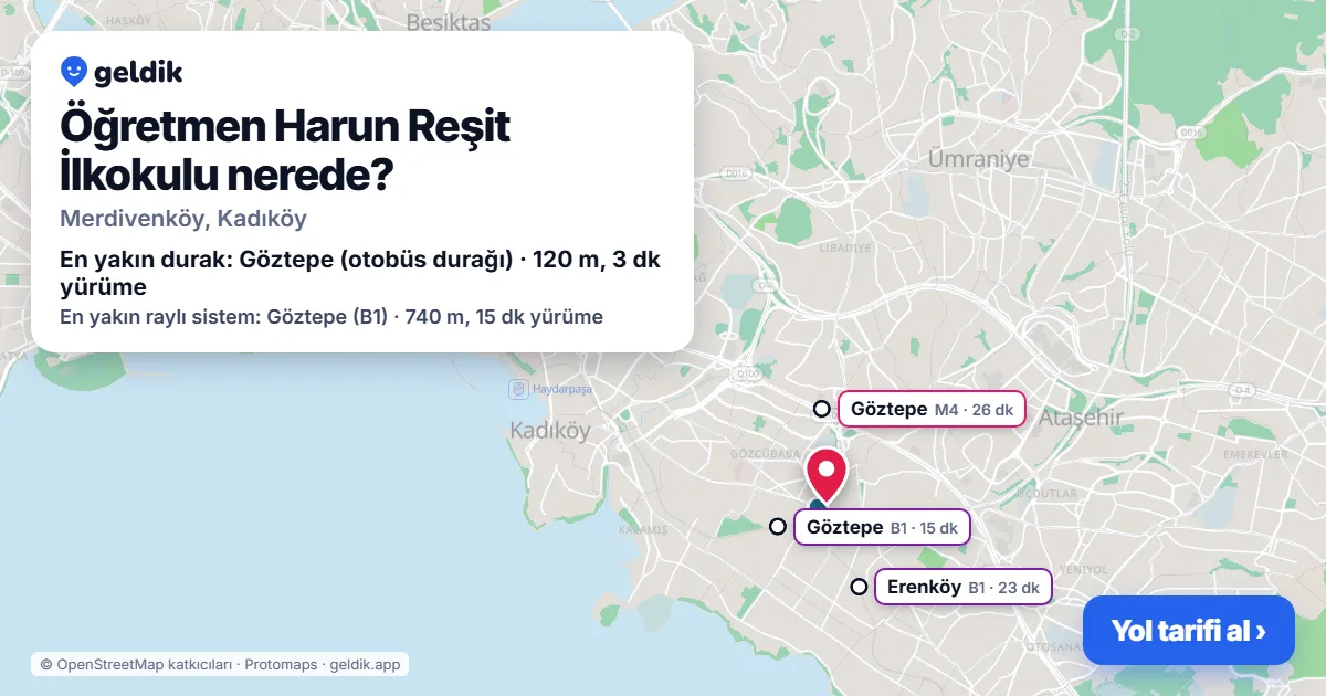Öğretmen Harun Reşit İlkokulu nerede: haritada konumu ve en yakın duraklar, yürüme süreleriyle