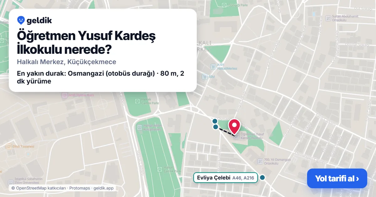 Where is Öğretmen Yusuf Kardeş İlkokulu: map with its location and the nearest stops, with walking times