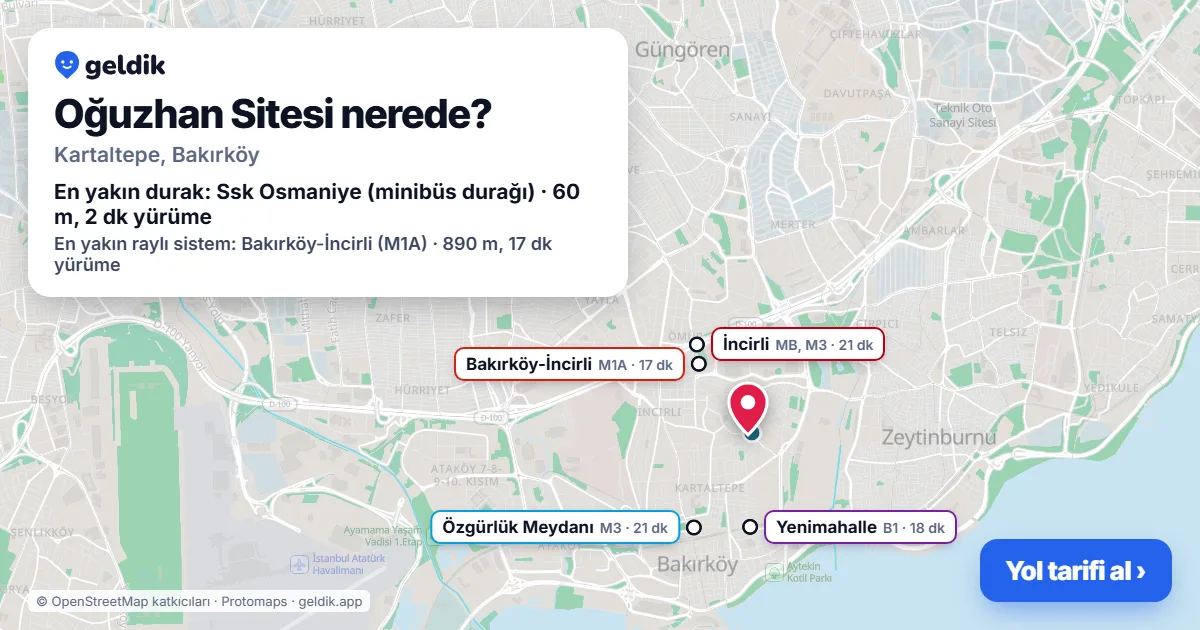 Oğuzhan Sitesi nerede: haritada konumu ve en yakın duraklar, yürüme süreleriyle