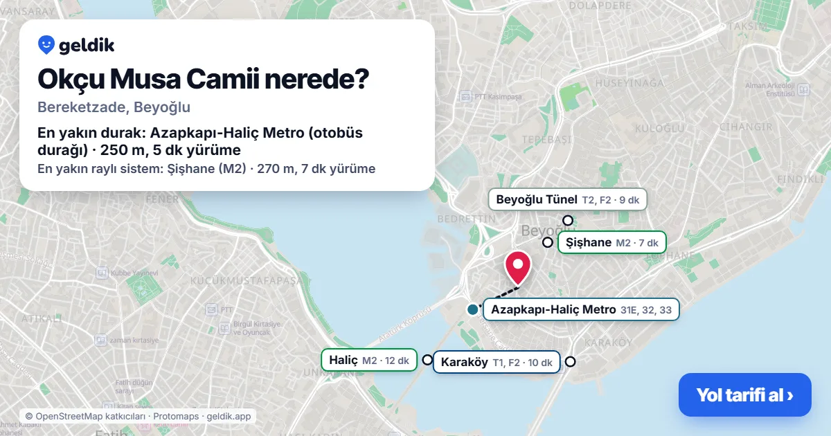 Okçu Musa Camii nerede: haritada konumu ve en yakın duraklar, yürüme süreleriyle