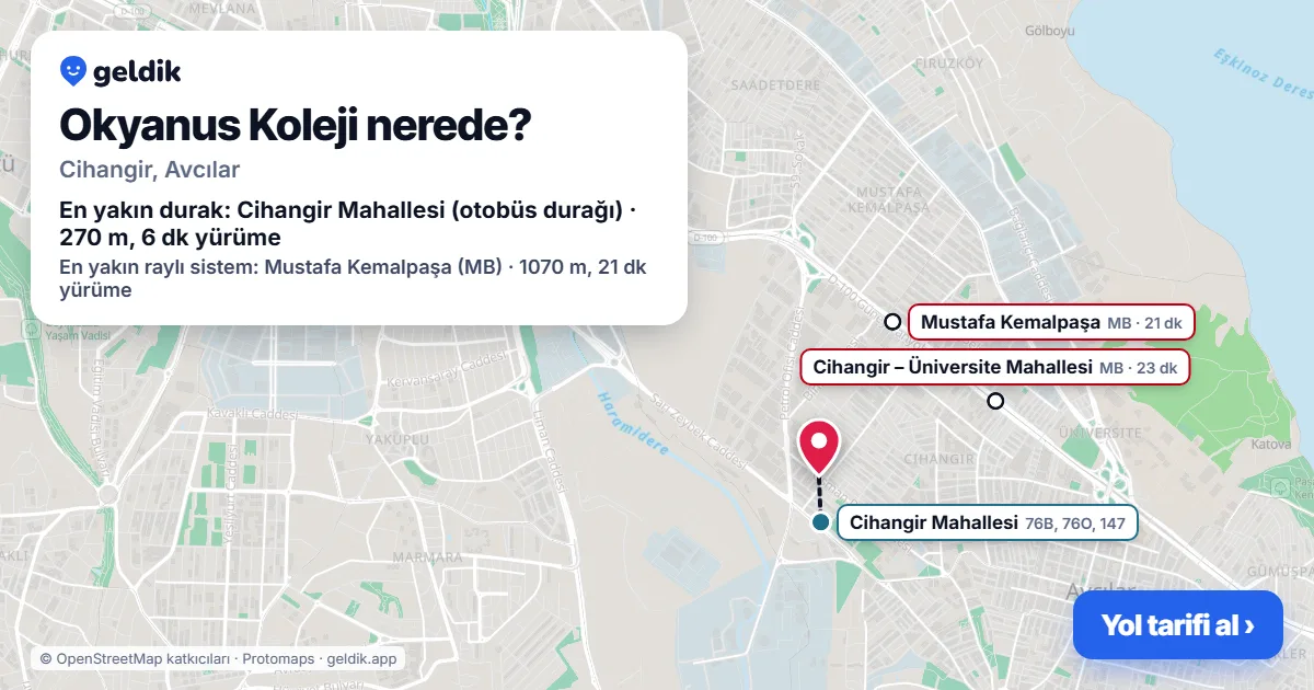 Where is Okyanus Koleji: map with its location and the nearest stops, with walking times