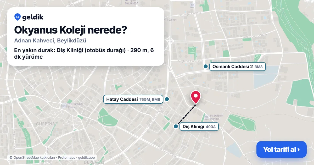 Okyanus Koleji nerede: haritada konumu ve en yakın duraklar, yürüme süreleriyle