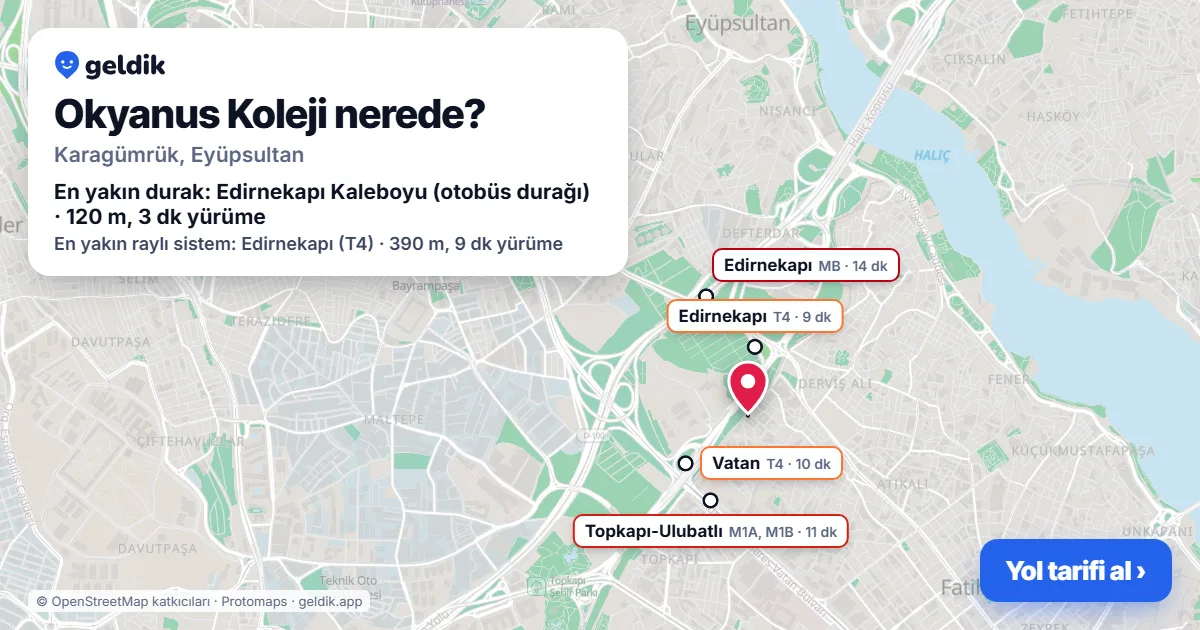 Okyanus Koleji nerede: haritada konumu ve en yakın duraklar, yürüme süreleriyle