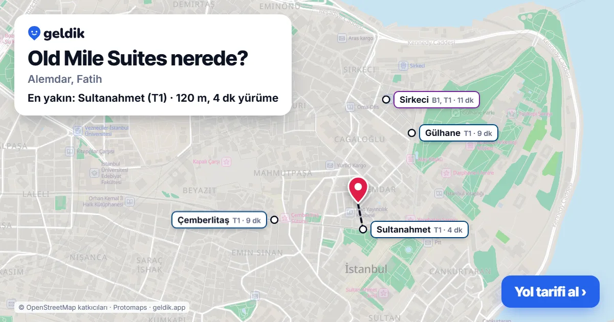 Old Mile Suites nerede: haritada konumu ve en yakın duraklar, yürüme süreleriyle