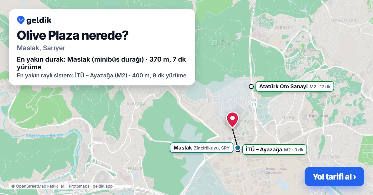 Where is Olive Plaza: map with its location and the nearest stops, with walking times