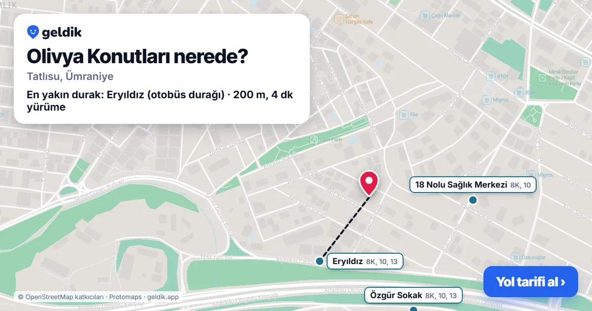 Where is Olivya Konutları: map with its location and the nearest stops, with walking times
