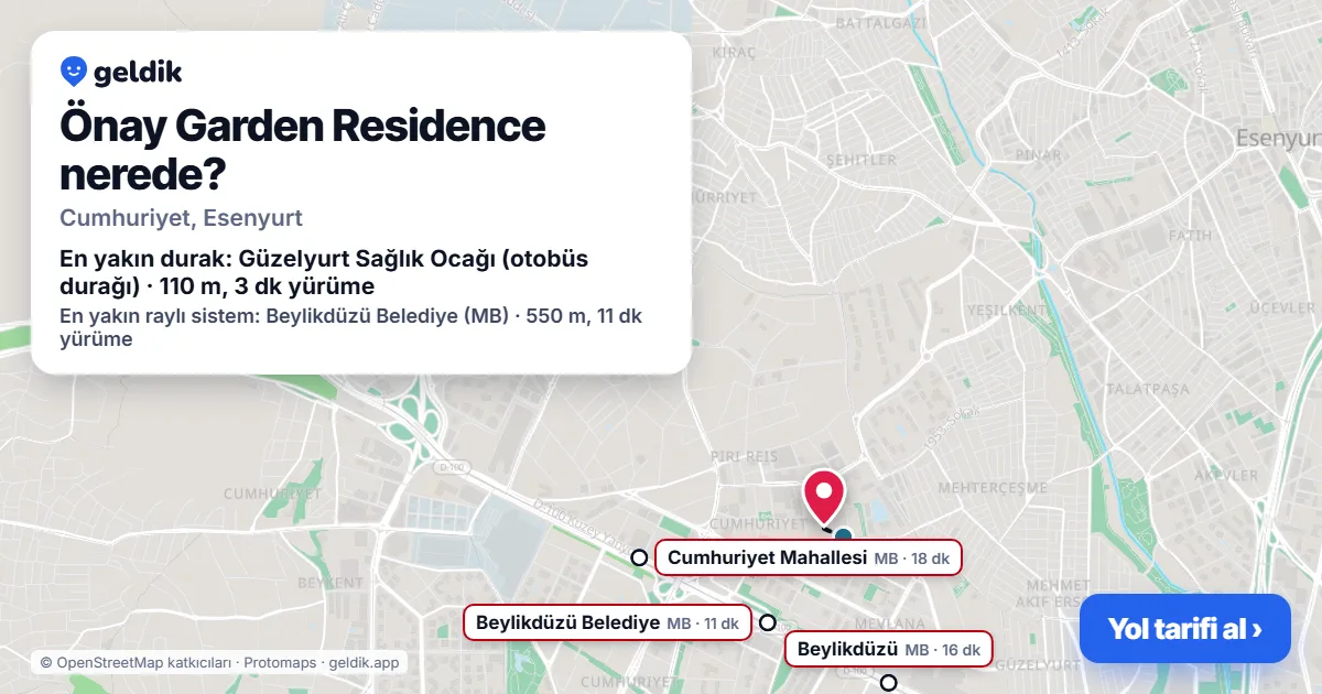 Önay Garden Residence nerede: haritada konumu ve en yakın duraklar, yürüme süreleriyle