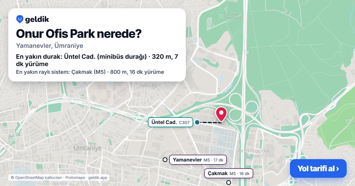 Onur Ofis Park nerede: haritada konumu ve en yakın duraklar, yürüme süreleriyle