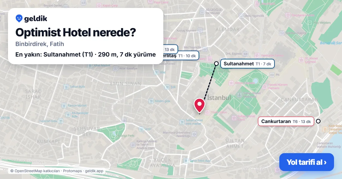 Optimist Hotel nerede: haritada konumu ve en yakın duraklar, yürüme süreleriyle