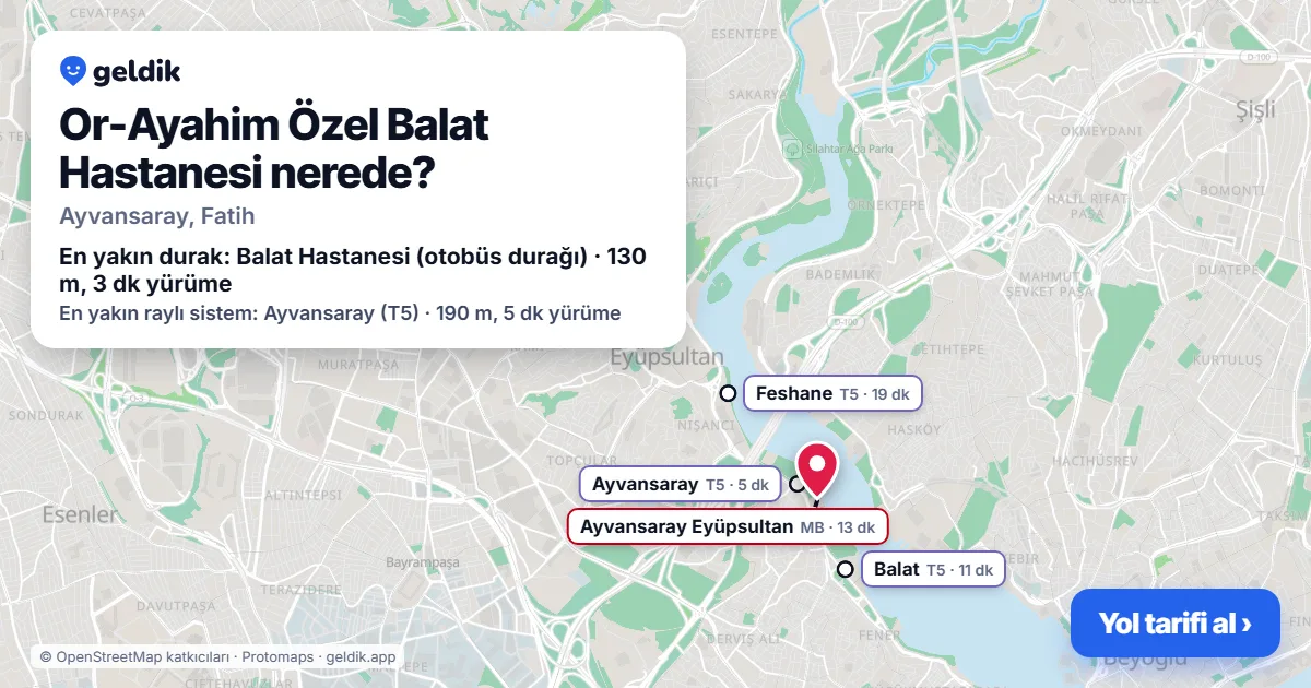 Or-Ayahim Özel Balat Hastanesi nerede: haritada konumu ve en yakın duraklar, yürüme süreleriyle