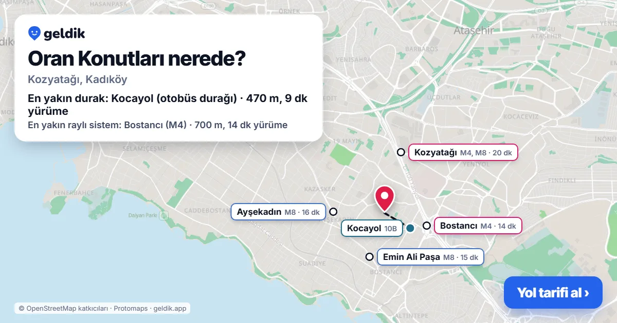 Oran Konutları nerede: haritada konumu ve en yakın duraklar, yürüme süreleriyle