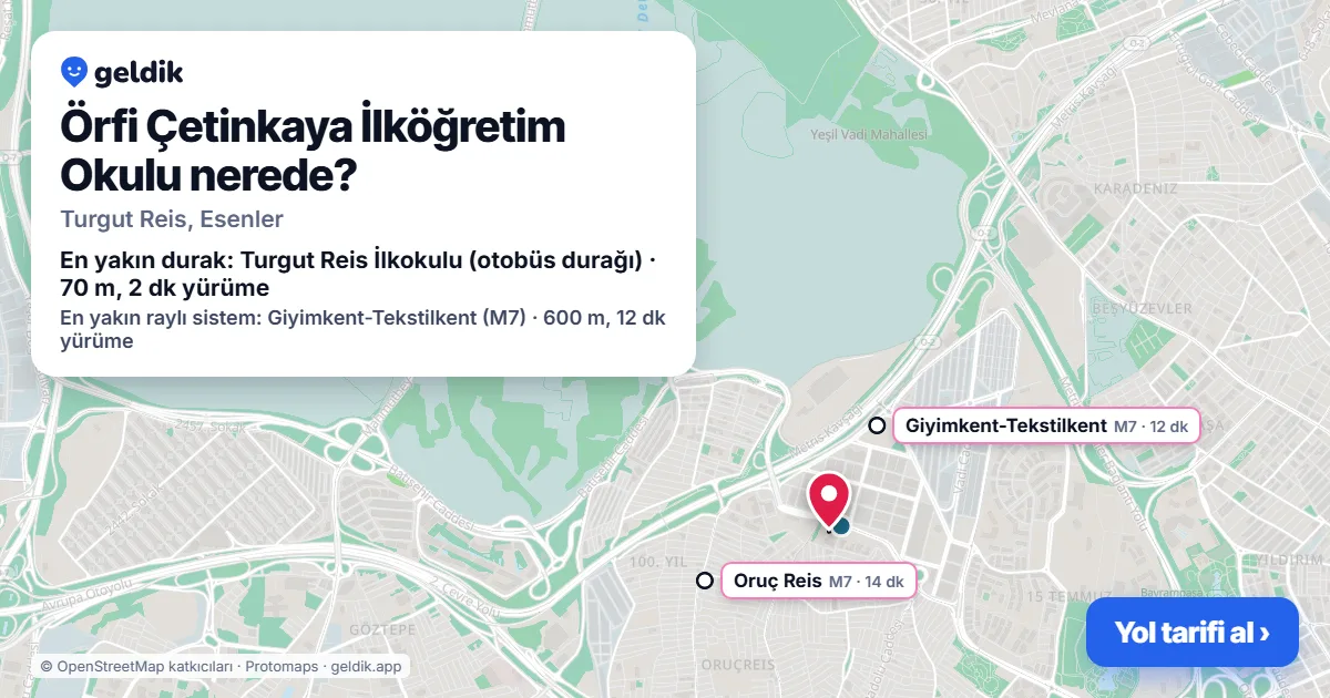 Örfi Çetinkaya İlköğretim Okulu nerede: haritada konumu ve en yakın duraklar, yürüme süreleriyle