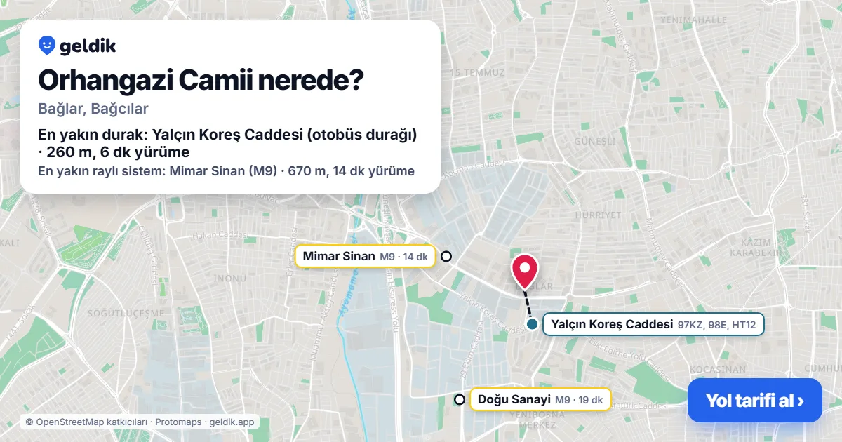 Where is Orhangazi Camii: map with its location and the nearest stops, with walking times