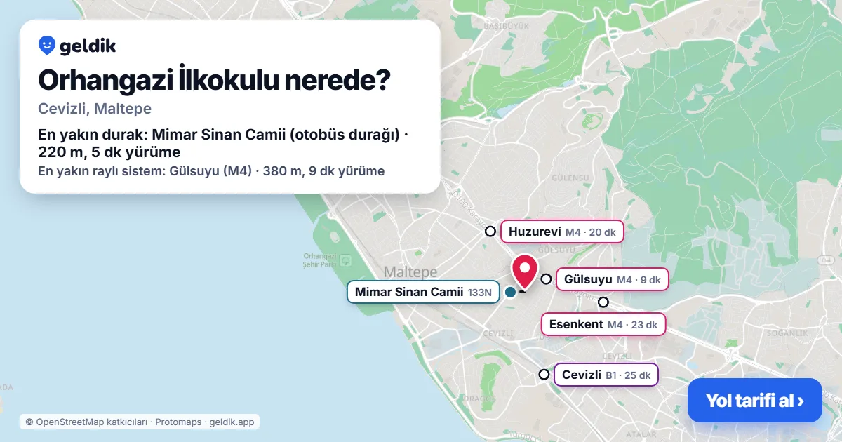 Orhangazi İlkokulu nerede: haritada konumu ve en yakın duraklar, yürüme süreleriyle