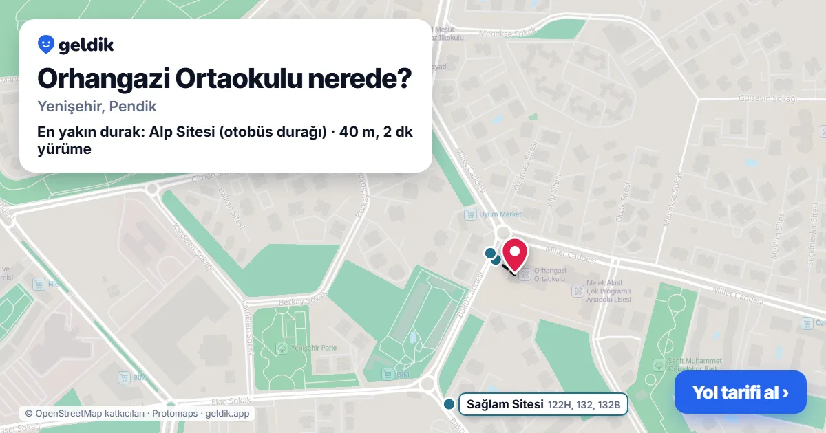 Orhangazi Ortaokulu nerede: haritada konumu ve en yakın duraklar, yürüme süreleriyle