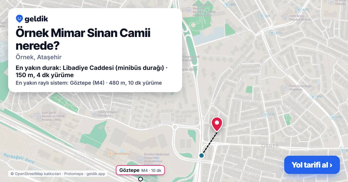 Where is Örnek Mimar Sinan Camii: map with its location and the nearest stops, with walking times