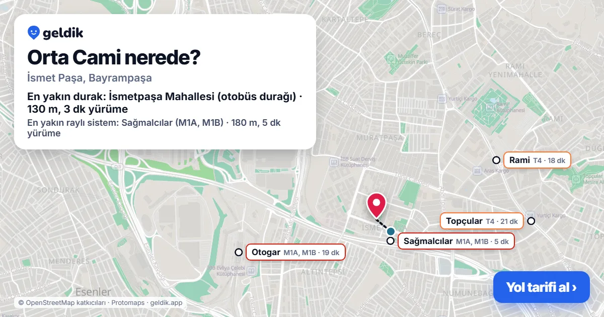 Orta Cami nerede: haritada konumu ve en yakın duraklar, yürüme süreleriyle