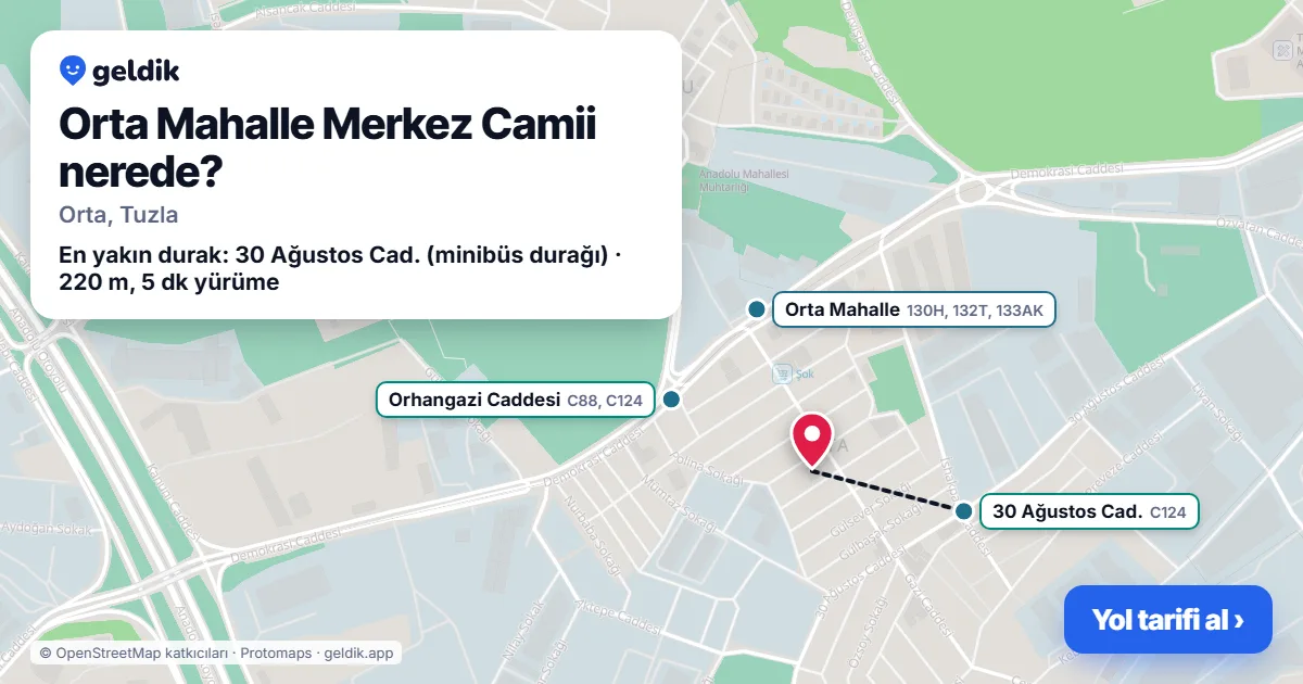 Where is Orta Mahalle Merkez Camii: map with its location and the nearest stops, with walking times