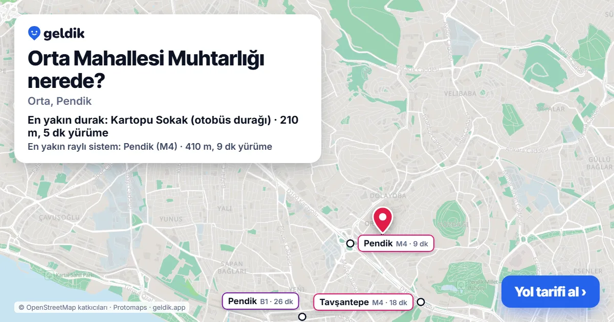 Orta Mahallesi Muhtarlığı nerede: haritada konumu ve en yakın duraklar, yürüme süreleriyle