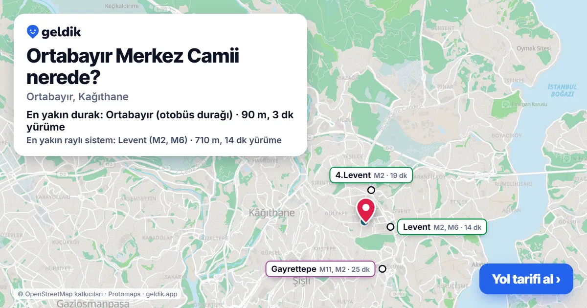Where is Ortabayır Merkez Camii: map with its location and the nearest stops, with walking times