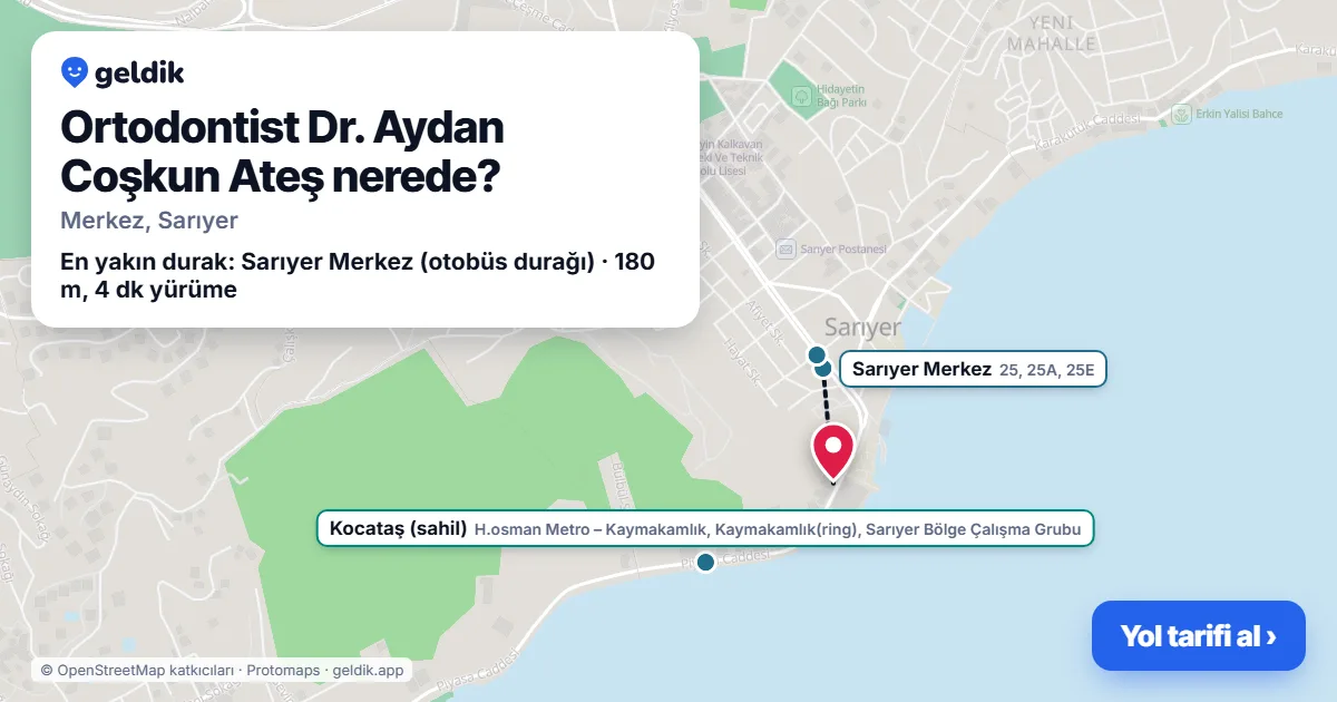 Ortodontist Dr. Aydan Coşkun Ateş nerede: haritada konumu ve en yakın duraklar, yürüme süreleriyle