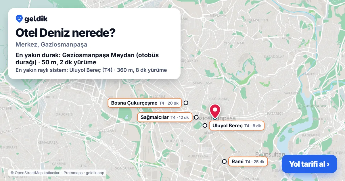Where is Otel Deniz: map with its location and the nearest stops, with walking times
