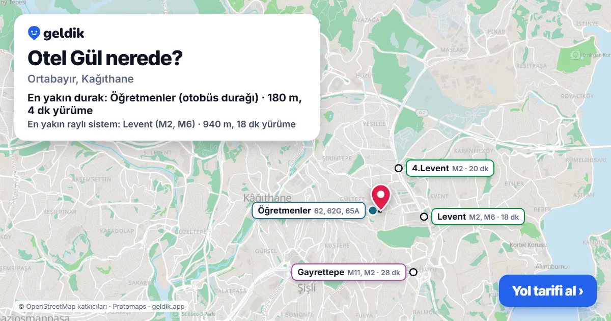 Where is Otel Gül: map with its location and the nearest stops, with walking times