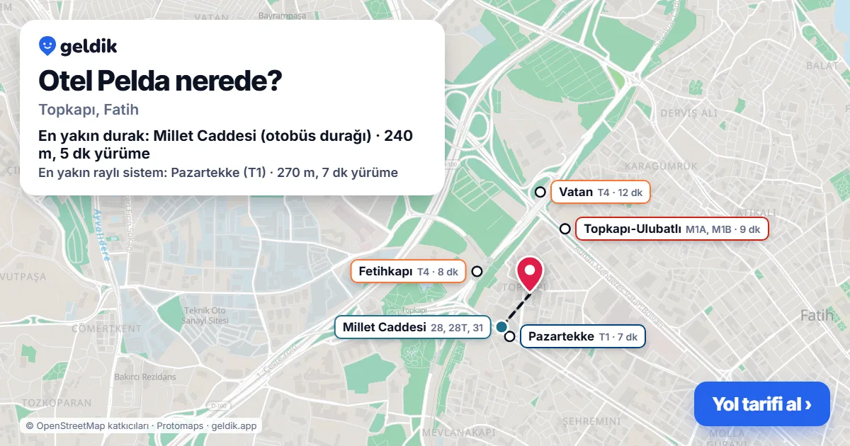 Otel Pelda nerede: haritada konumu ve en yakın duraklar, yürüme süreleriyle