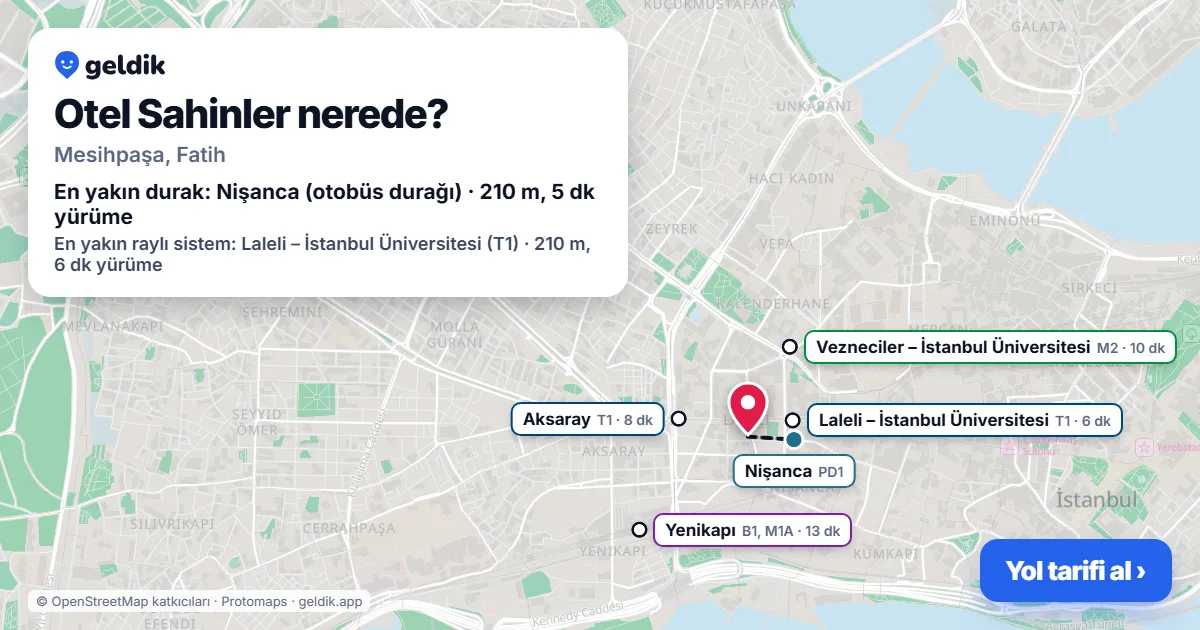 Where is Otel Sahinler: map with its location and the nearest stops, with walking times