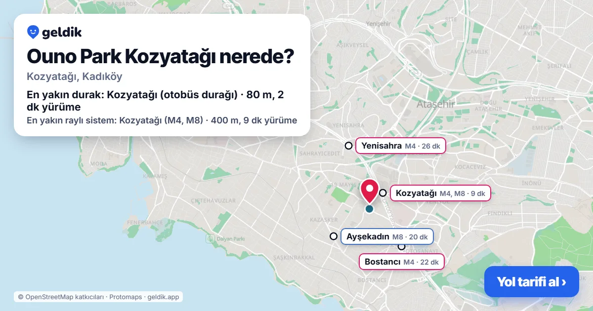 Ouno Park Kozyatağı nerede: haritada konumu ve en yakın duraklar, yürüme süreleriyle