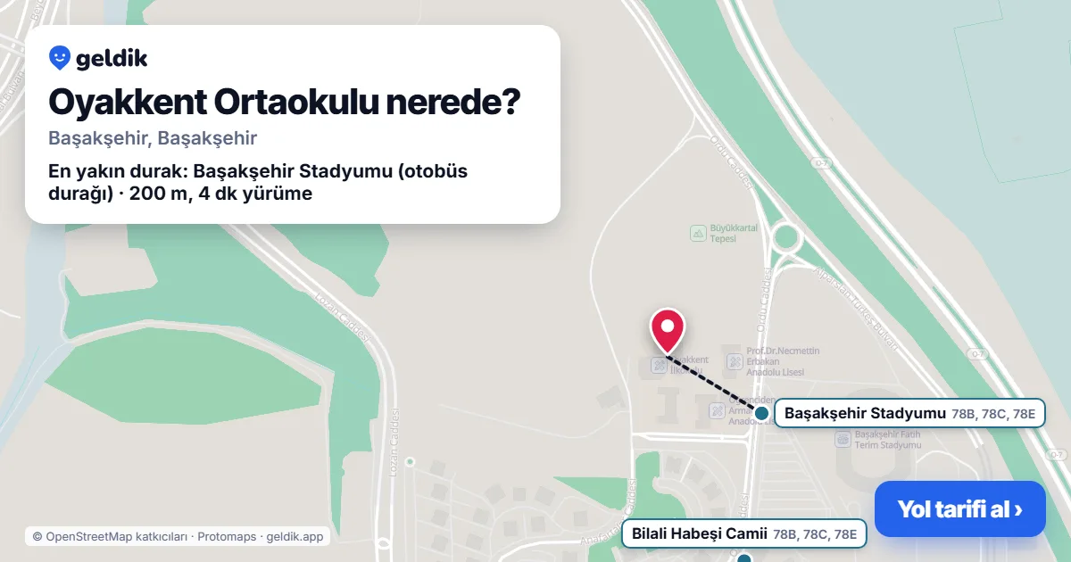 Oyakkent Ortaokulu nerede: haritada konumu ve en yakın duraklar, yürüme süreleriyle