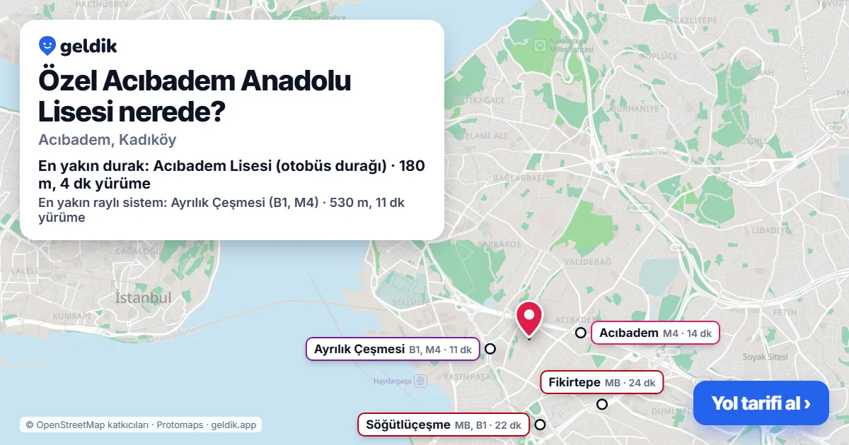 Özel Acıbadem Anadolu Lisesi nerede: haritada konumu ve en yakın duraklar, yürüme süreleriyle