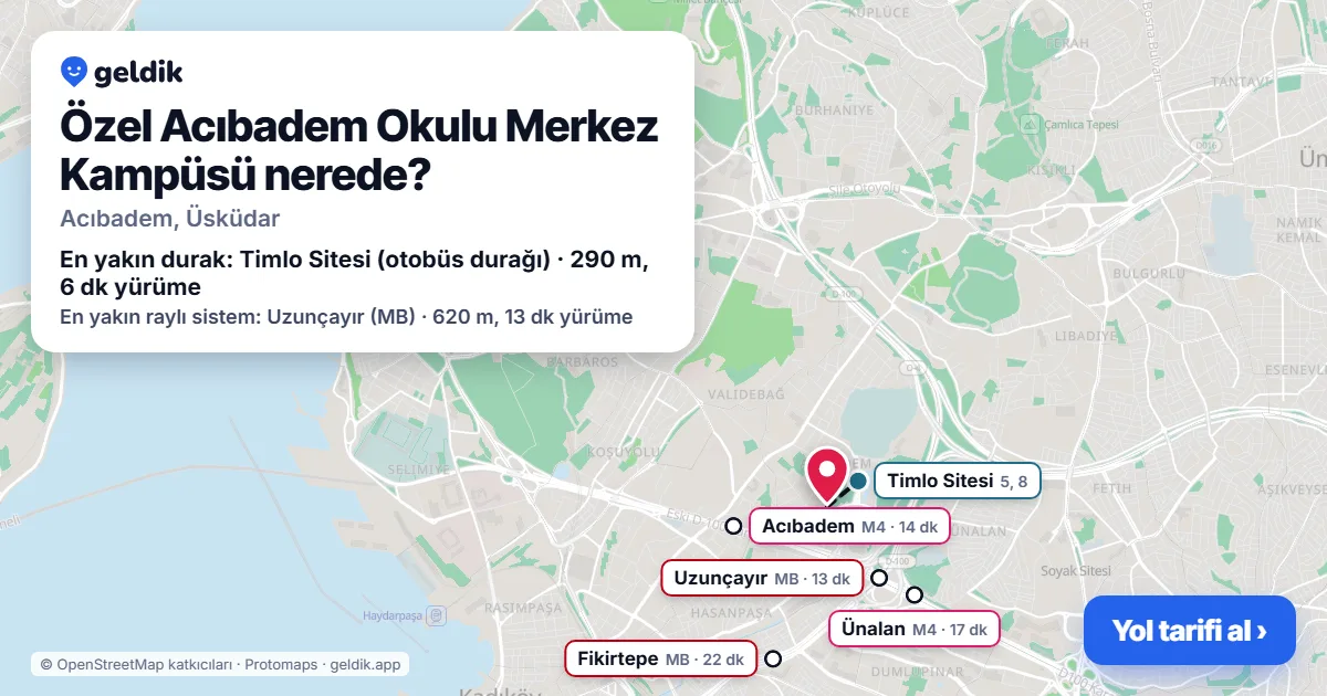 Özel Acıbadem Okulu Merkez Kampüsü nerede: haritada konumu ve en yakın duraklar, yürüme süreleriyle
