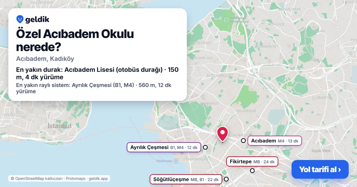 Özel Acıbadem Okulu nerede: haritada konumu ve en yakın duraklar, yürüme süreleriyle