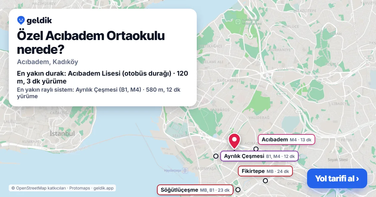 Özel Acıbadem Ortaokulu nerede: haritada konumu ve en yakın duraklar, yürüme süreleriyle