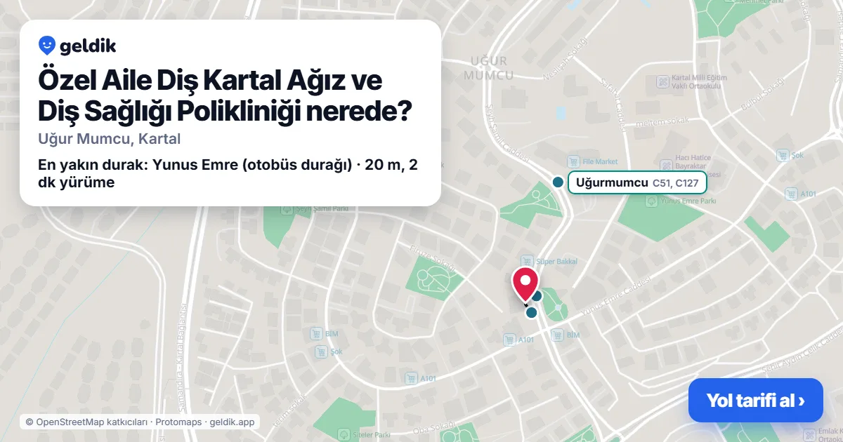 Özel Aile Diş Kartal Ağız ve Diş Sağlığı Polikliniği nerede: haritada konumu ve en yakın duraklar, yürüme süreleriyle