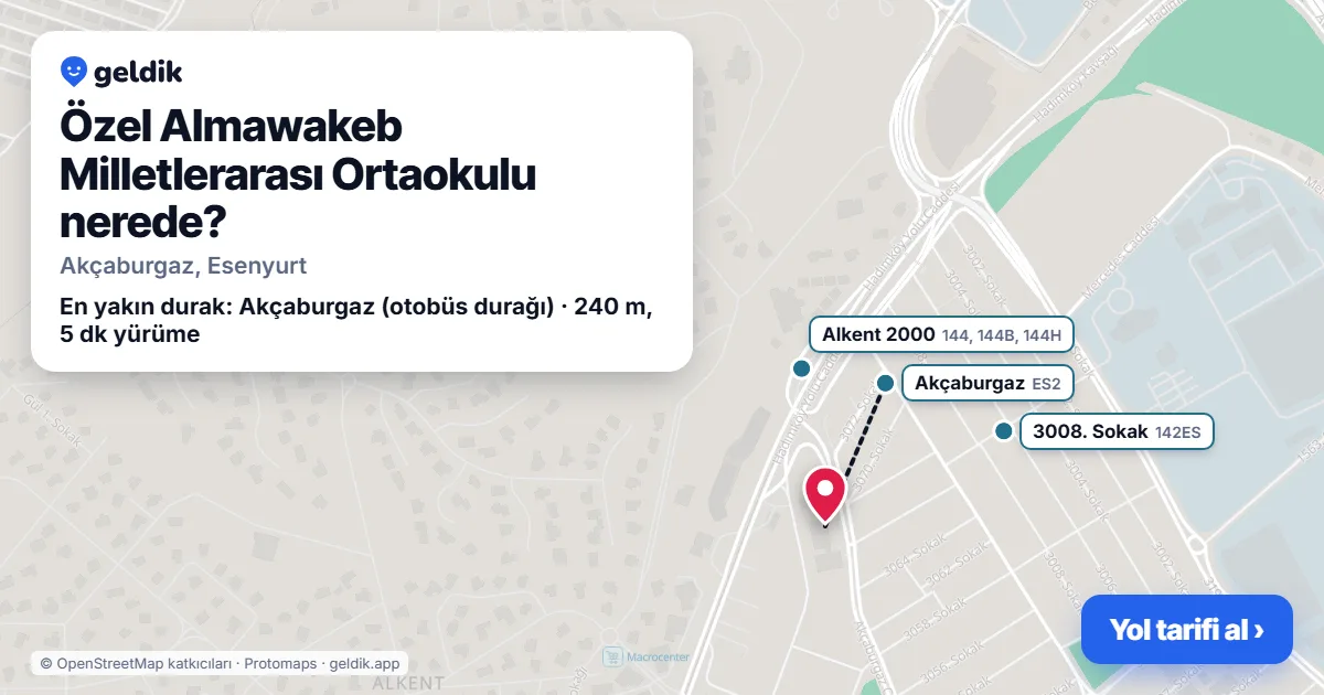 Where is Özel Almawakeb Milletlerarası Ortaokulu: map with its location and the nearest stops, with walking times