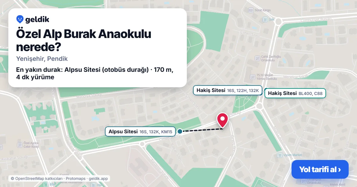 Özel Alp Burak Anaokulu nerede: haritada konumu ve en yakın duraklar, yürüme süreleriyle