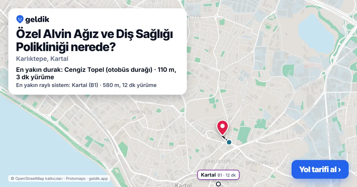 Where is Özel Alvin Ağız ve Diş Sağlığı Polikliniği: map with its location and the nearest stops, with walking times