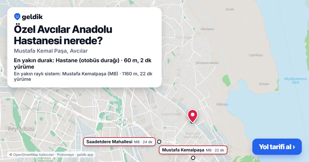 Özel Avcılar Anadolu Hastanesi nerede: haritada konumu ve en yakın duraklar, yürüme süreleriyle