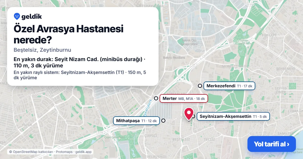 Özel Avrasya Hastanesi nerede: haritada konumu ve en yakın duraklar, yürüme süreleriyle