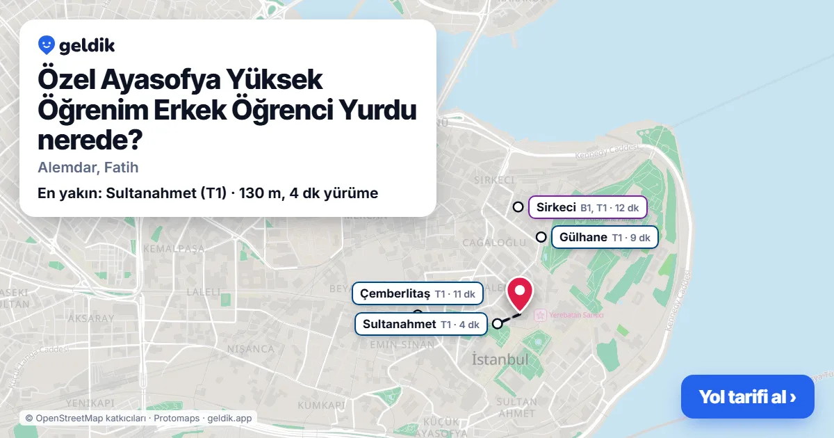 Özel Ayasofya Yüksek Öğrenim Erkek Öğrenci Yurdu nerede: haritada konumu ve en yakın duraklar, yürüme süreleriyle