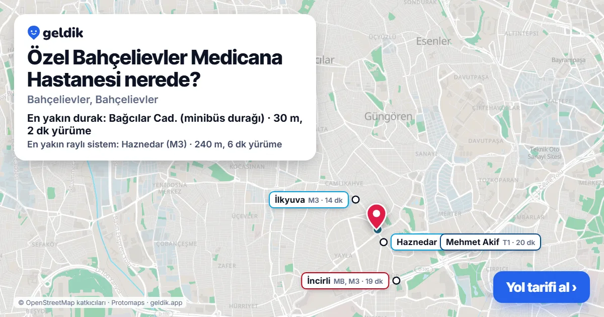 Özel Bahçelievler Medicana Hastanesi nerede: haritada konumu ve en yakın duraklar, yürüme süreleriyle