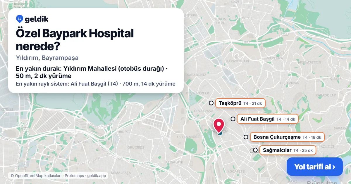 Where is Özel Baypark Hospital: map with its location and the nearest stops, with walking times